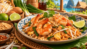 Pad Thai aux crevettes avec nouilles de riz sautées, œufs, pousses de soja, cacahuètes et citron vert
