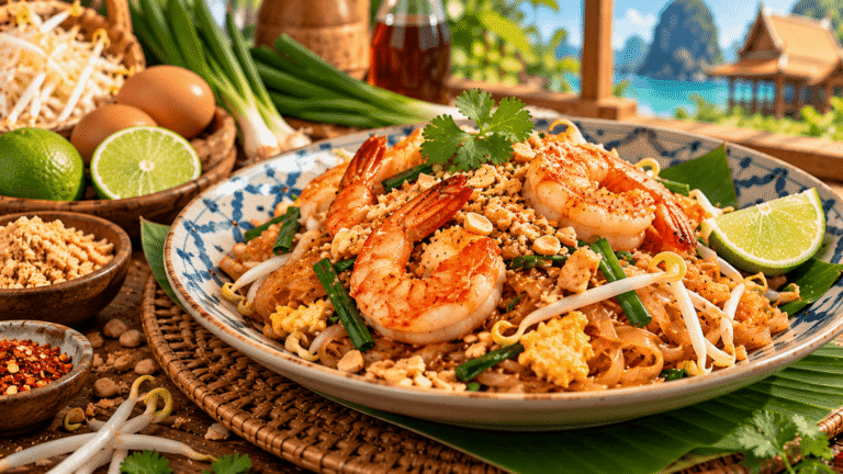 Home 13 Pad Thai aux crevettes avec nouilles de riz sautées, œufs, pousses de soja, cacahuètes et citron vert