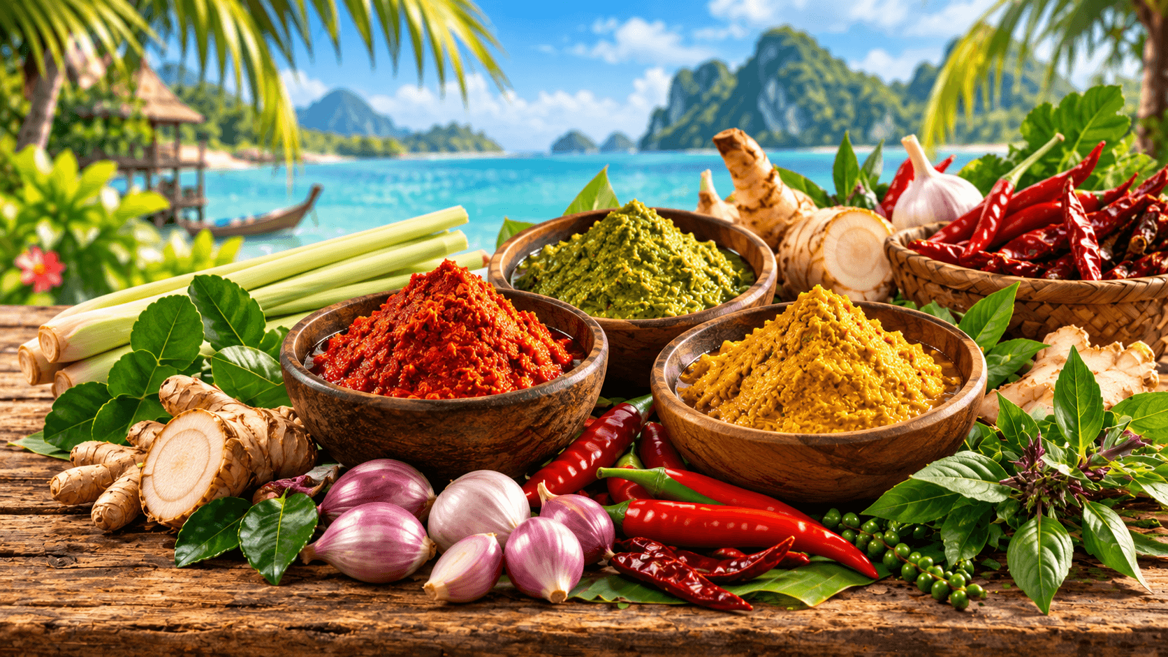 Sauces & curry thaïs : guide complet pour choisir et cuisiner 3 Pâtes de curry thaï rouge, verte et jaune accompagnées de piments, citronnelle, galanga et herbes fraîches