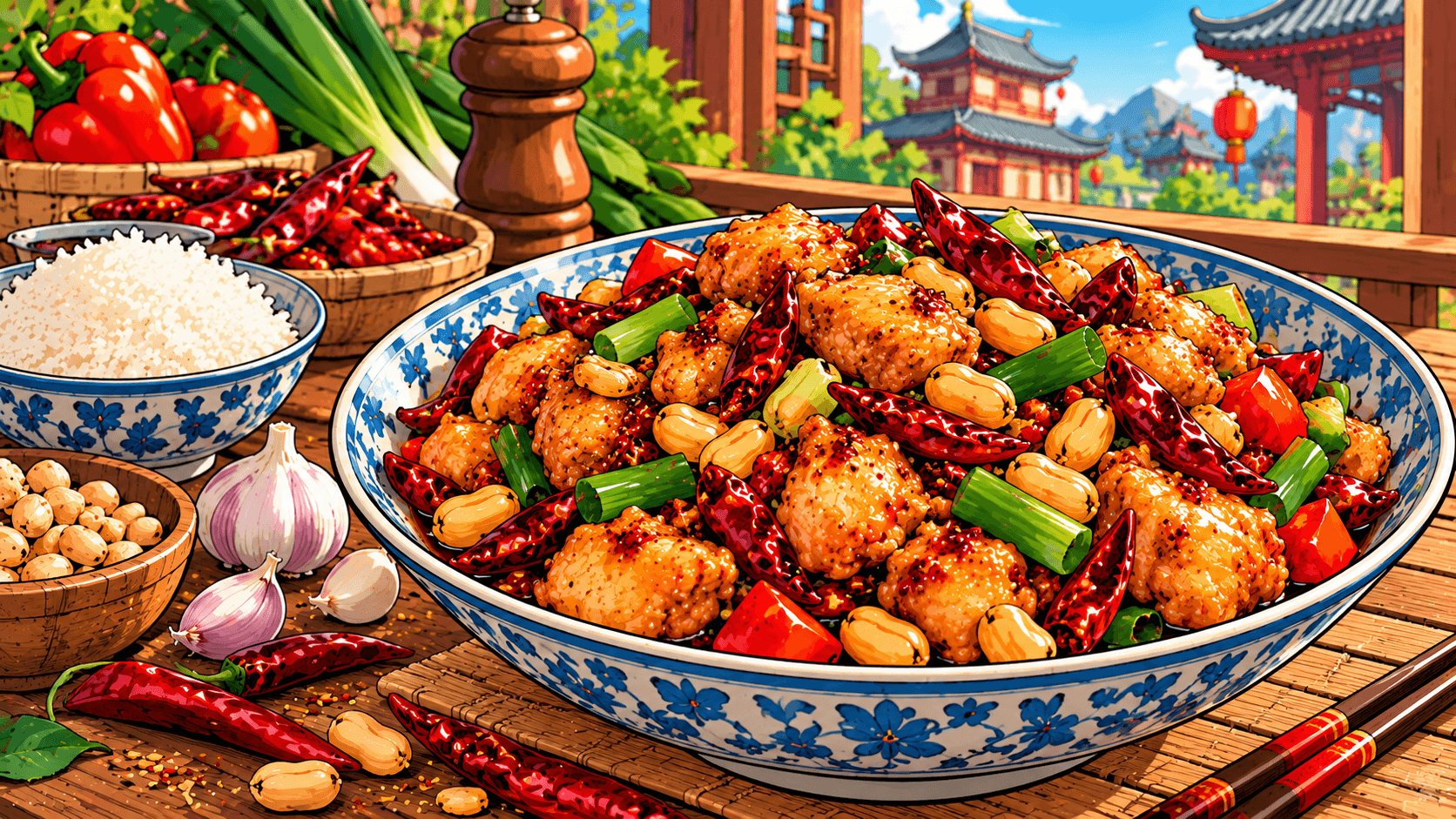 Illustration manga d'un poulet Kung Pao aux cacahuètes, piments rouges séchés et oignons verts, servi dans un bol chinois traditionnel