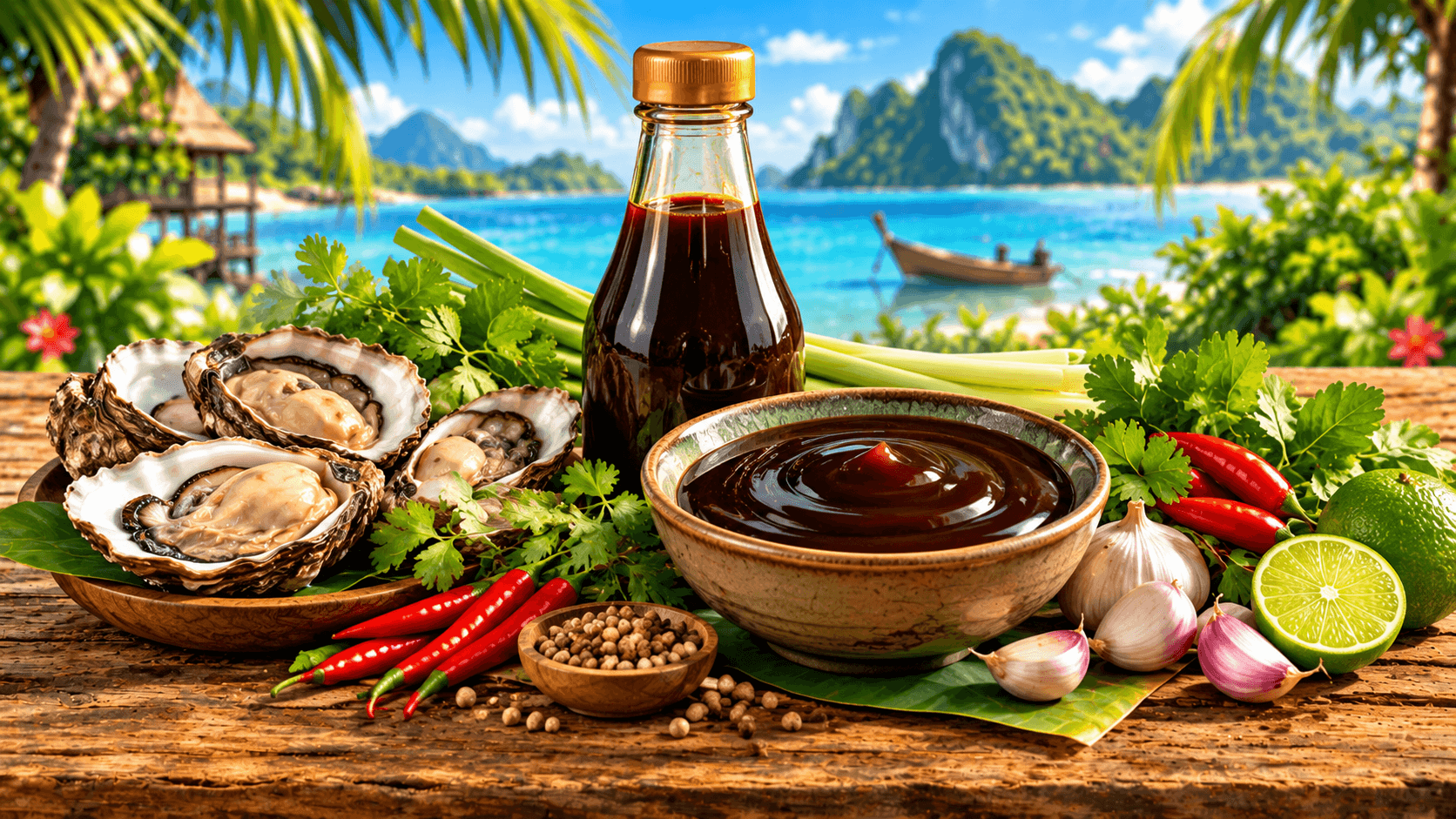 Sauces & curry thaïs : guide complet pour choisir et cuisiner 7 Sauce d’huître thaïe présentée avec huîtres, piments, citron vert, ail et herbes fraîches