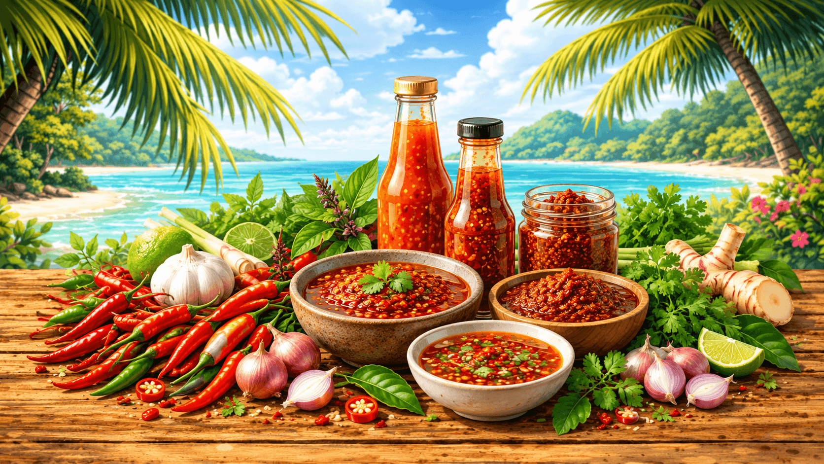 Sauces & curry thaïs : guide complet pour choisir et cuisiner 8 Sauce pimentée thaïe accompagnée de piments rouges, ail, citron vert et herbes fraîches