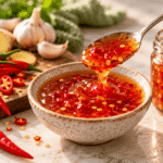 Sauce Sweet Chili thaïe maison : facile et meilleure que celle du commerce 105 Sauce Sweet Chili thaïe maison dans un bol avec une texture brillante et des morceaux de piment rouge