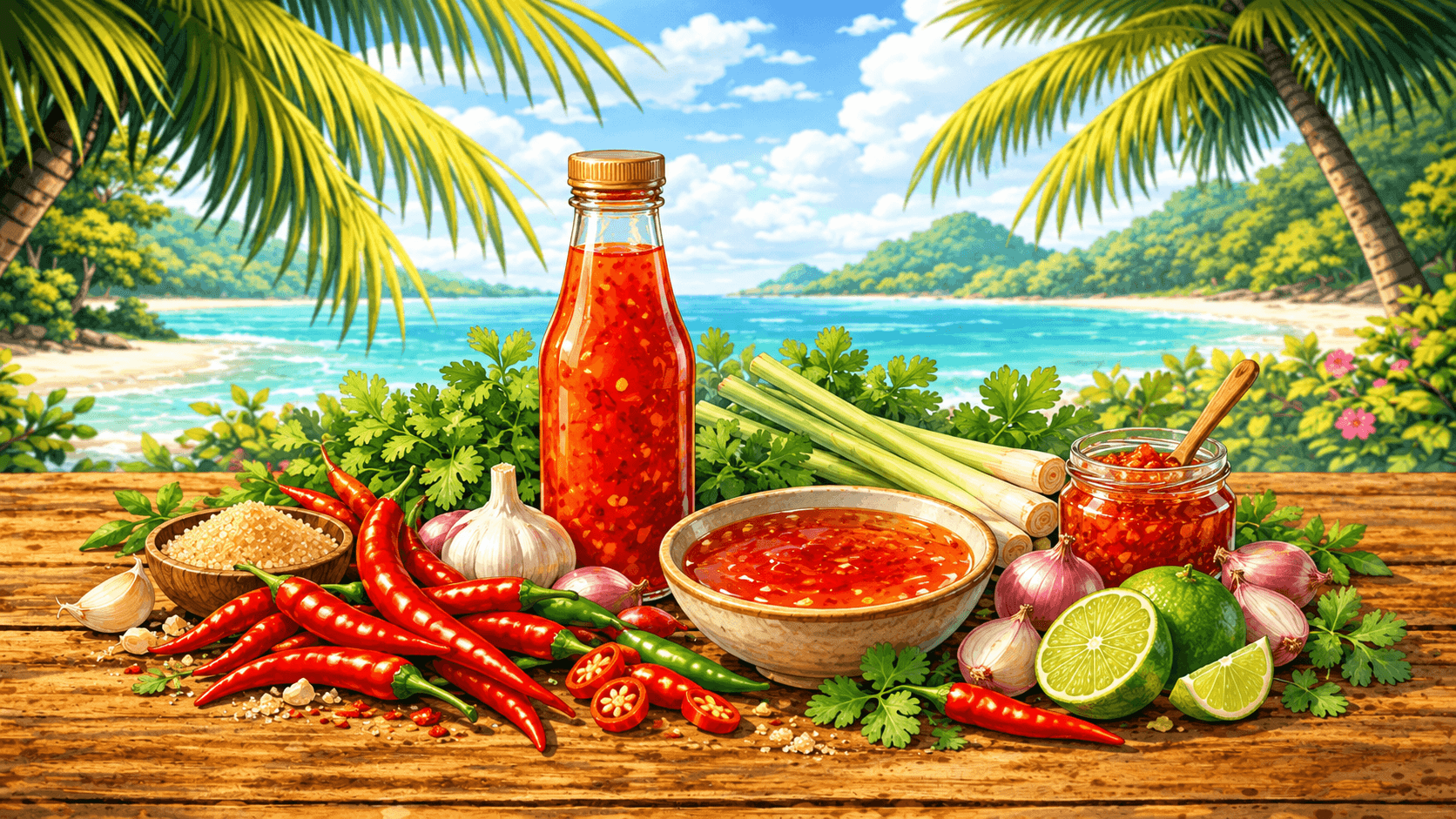 Sauces & curry thaïs : guide complet pour choisir et cuisiner 9 Sauce Sweet Chili thaïe accompagnée de piments rouges, ail, citron vert et herbes fraîches