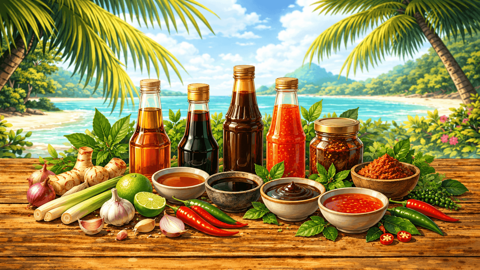 Sauces & curry thaïs : guide complet pour choisir et cuisiner 2 Assortiment de sauces thaïes avec sauce poisson, sauce soja, sauce d’huître et sauce pimentée