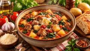 Soupe aux saucisses italiennes et pommes de terre avec tomates, épinards et parmesan