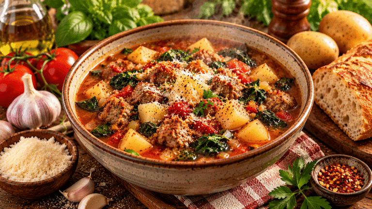 Home 13 Soupe aux saucisses italiennes et pommes de terre avec tomates, épinards et parmesan